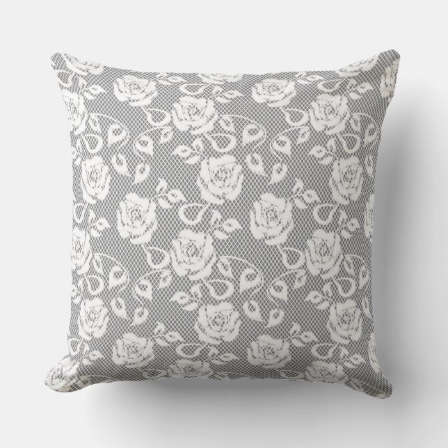 White lace pattern on grey background cushion (Front)