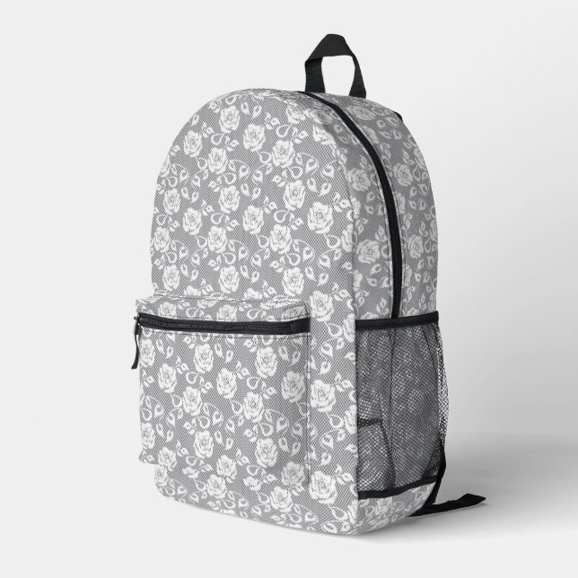 White lace pattern on grey background printed backpack (Back Corner Right)