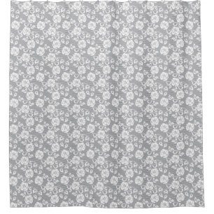 White lace pattern on grey background shower curtain
