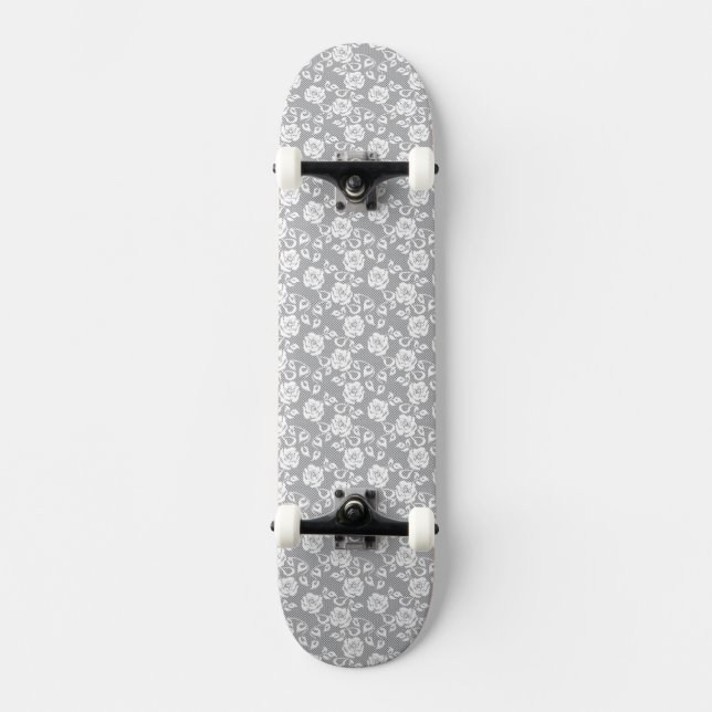 White lace pattern on grey background skateboard (Front)