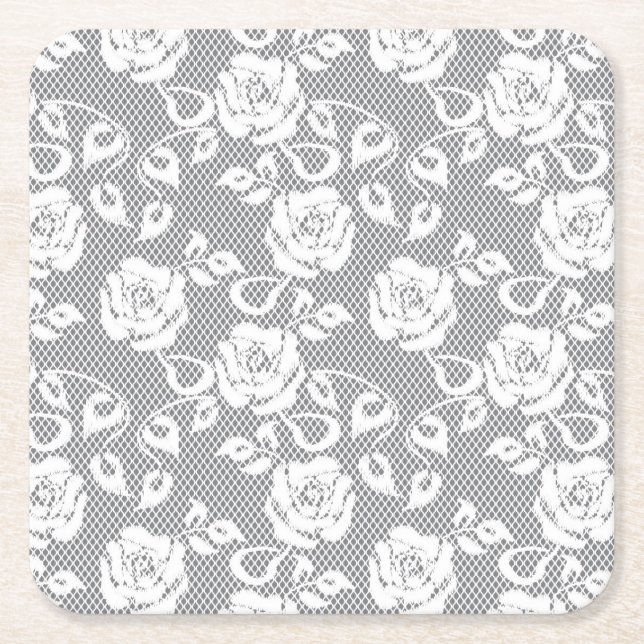White lace pattern on grey background square paper coaster (Front)