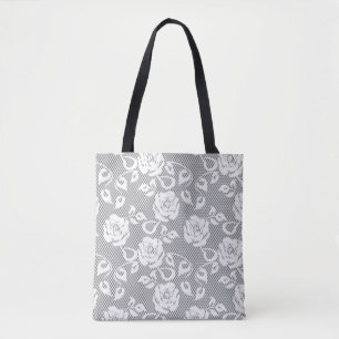 White lace pattern on grey background tote bag