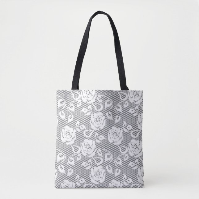 White lace pattern on grey background tote bag (Front)