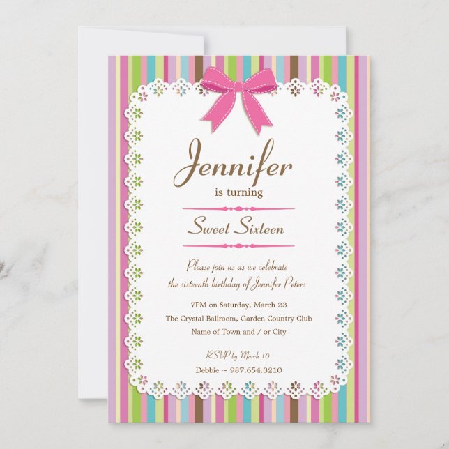 White Lace Pink Bow Candy Stripes Sweet 16 5x7 Invitation (Front)