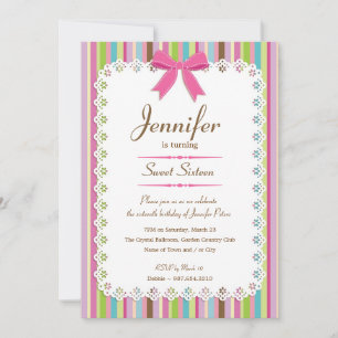 White Lace Pink Bow Candy Stripes Sweet 16 5x7 Invitation