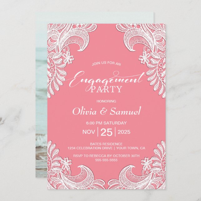 White Lace Pink Custom Photo Engagement Party Invitation (Front/Back)