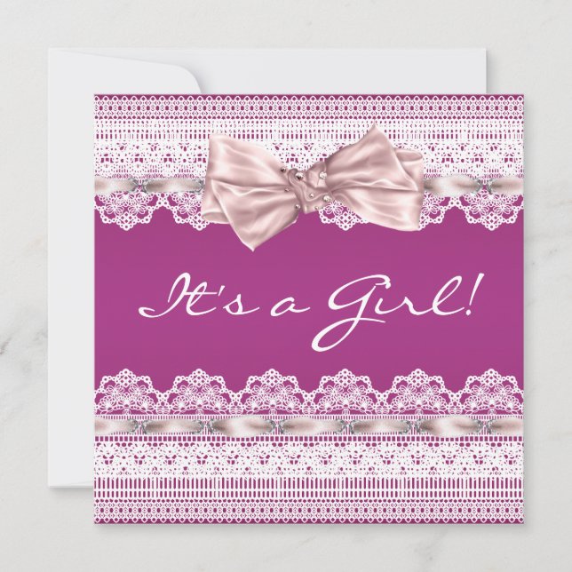 White Lace Pink Ribbon Hot Pink Baby Shower Invitation (Front)