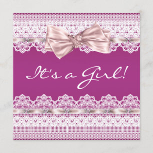 White Lace Pink Ribbon Hot Pink Baby Shower Invitation