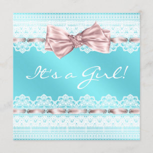White Lace Pink Ribbon Teal Blue Baby Shower Invitation