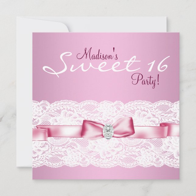 White Lace Pink Sweet Sixteen Birthday Party Invitation (Front)