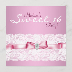 White Lace Pink Sweet Sixteen Birthday Party Invitation