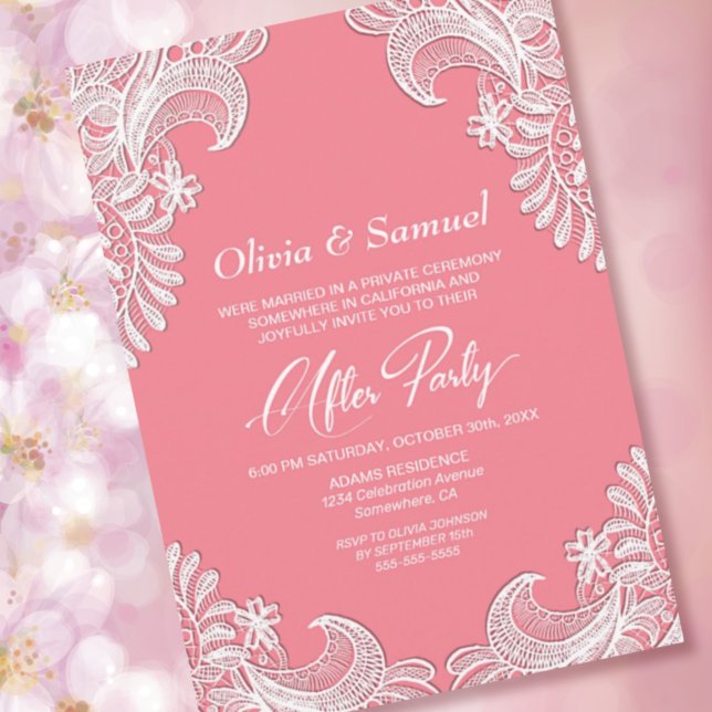 White Lace Pink Wedding After Party Invitation (Creator Uploaded)