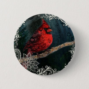 White lace Primitive Christmas Red Cardinal 6 Cm Round Badge