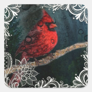 White lace Primitive Christmas Red Cardinal Square Sticker