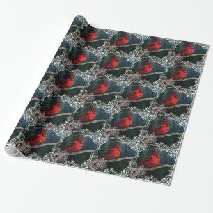 White lace Primitive Christmas Red Cardinal Wrapping Paper