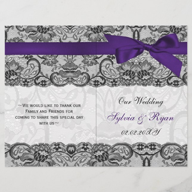 white lace,purple ribbon book fold Wedding program (Front)