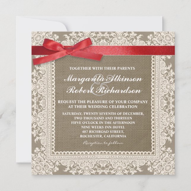 White lace red bow & burlap wedding invitations (Front)