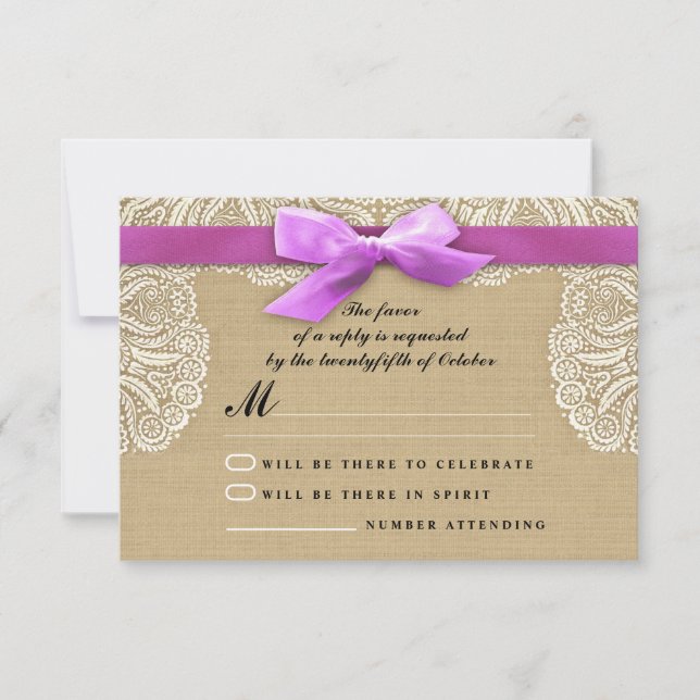 White lace ribbon and burlap wedding RSVP cards (Front)
