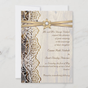 White lace, ribbon, flower & wood wedding invitation