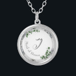 White Lace & Rose Leaves Monogrammed Silver Plated Necklace<br><div class="desc">Design features monogram in elegant silver text displayed in centre against a white backing. Background features the image of white lace. Green rose leaves are delicately positioned at the edges.</div>