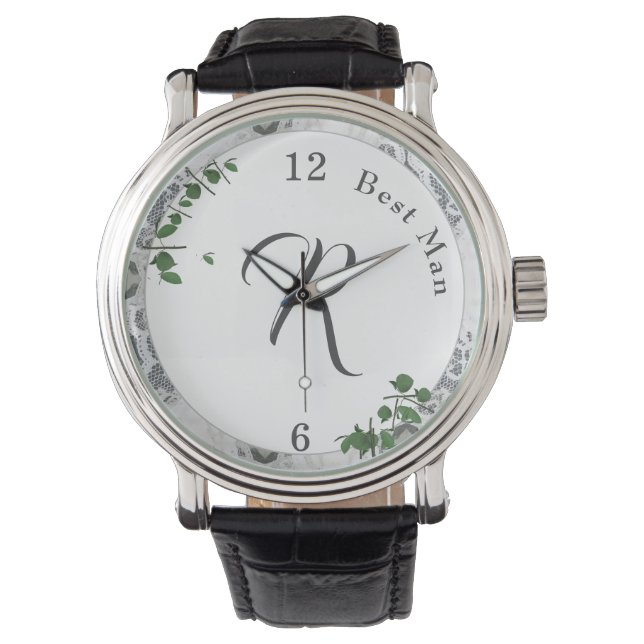 White Lace & Rose Leaves Monogrammed  Watch (Front)