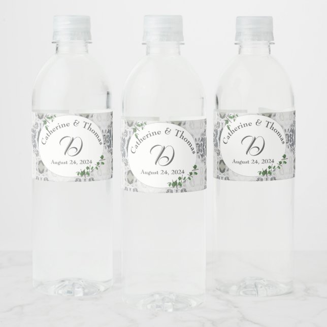 White Lace & Rose Leaves  Water Bottle Label (Bottles)