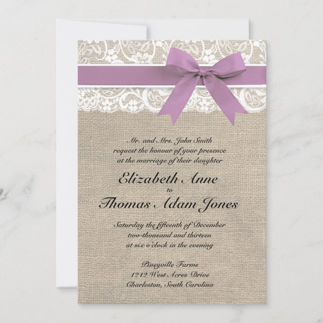 White Lace Rustic Burlap Wedding Invitation Purple (Front)