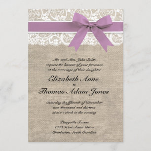 White Lace Rustic Burlap Wedding Invitation Purple