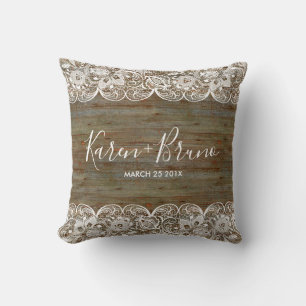 White Lace & Rustic Faux Wood Wedding Design Cushion