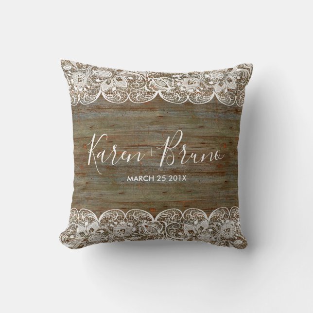 White Lace & Rustic Faux Wood Wedding Design Cushion (Front)