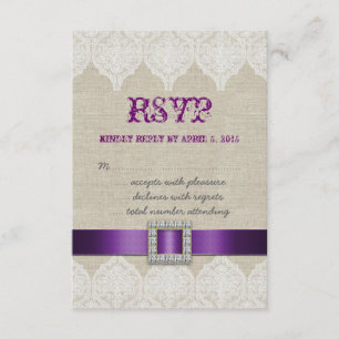 White Lace Rustic Wedding RSVP Purple Linen Card