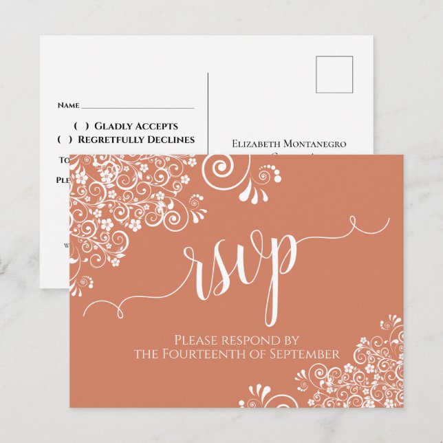 White Lace Script on Terracotta Coral Wedding RSVP Postcard (Front/Back)