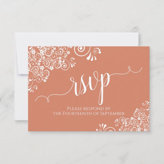 White Lace Terracotta Coral Elegant Script Wedding RSVP Card (Front)