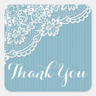 White Lace Thank You Blue Stripes Thanks - Wedding Square Sticker