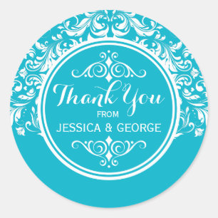 White Lace Turquoise Background Thank You 2 Classic Round Sticker