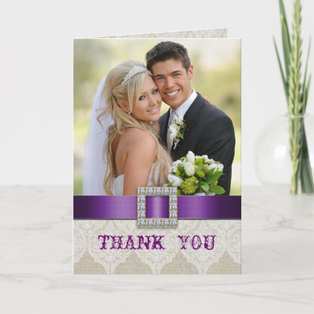 White Lace Vintage Wedding Photo Thank You Purple (Front)