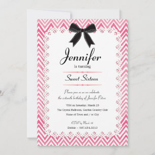 White Lace Watercolor Chevron Pink Black Sweet 16 Invitation