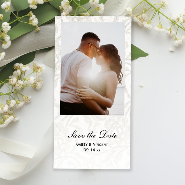 White Lace Wedding Save the Date Photo Card (Creator Uploaded)