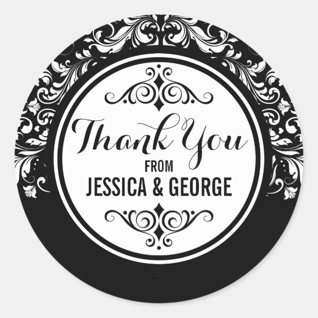 White Lace With Black Background Thank You Classic Round Sticker (Front)