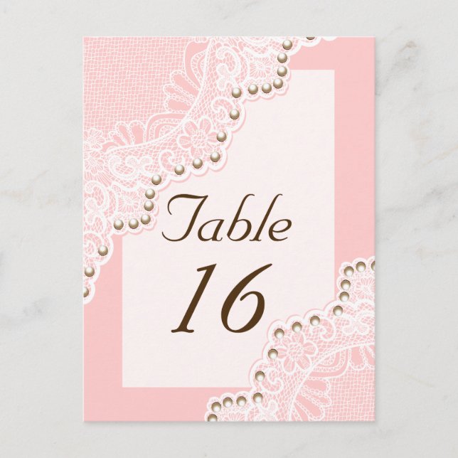 White lace with pearls pink wedding table number postcard (Front)