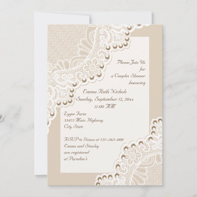 White lace with pearls wedding couples shower invitation (Front)