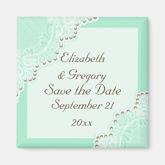 White lace with pearls wedding mint Save the Date Magnet (Front)