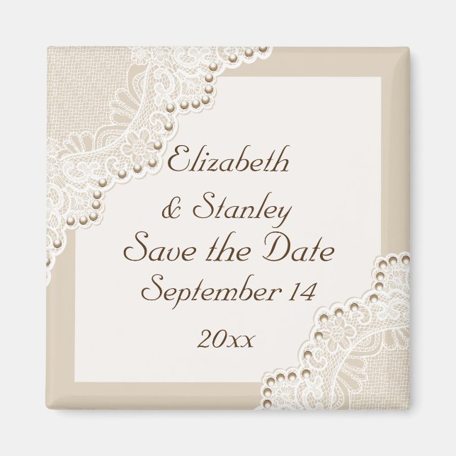 White lace with pearls wedding Save the Date Magnet (Front)