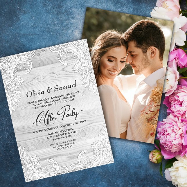 White Lace Wood Custom Photo Wedding After Party Invitation (Creator Uploaded)