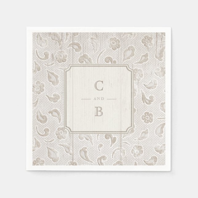 White lace wood rustic country wedding monogram napkin (Front)