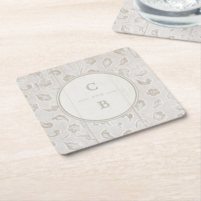 White lace wood rustic country wedding monogram square paper coaster (Angled)