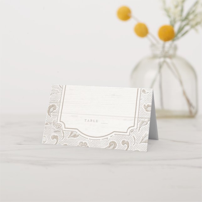 White lace wood rustic country wedding place cards (Front)