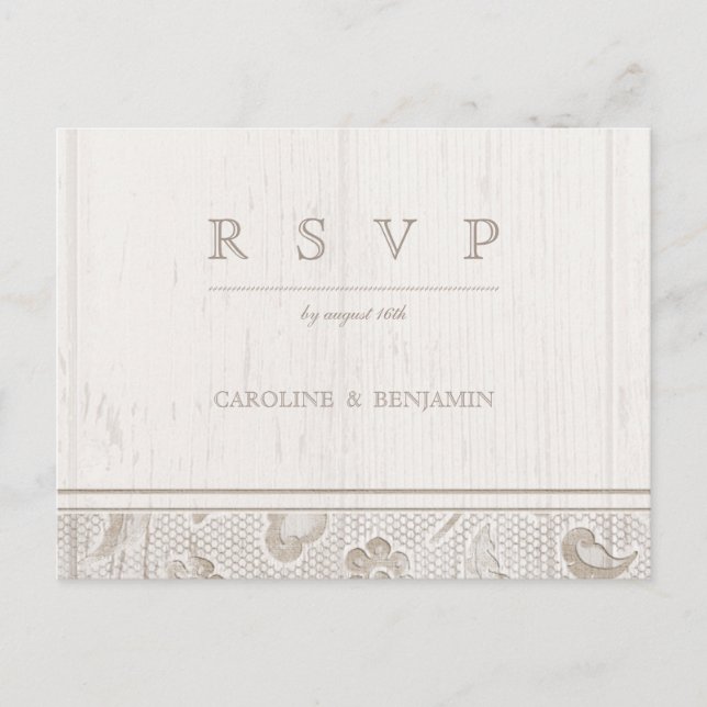 White lace wood rustic country wedding RSVP Invitation Postcard (Front)