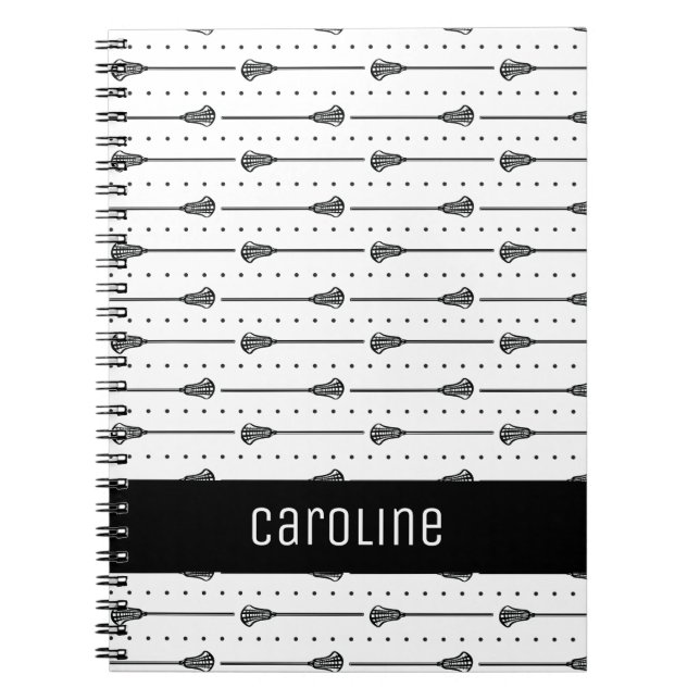 White Lacrosse Black Sticks & Dotted Lines Pattern Notebook (Front)