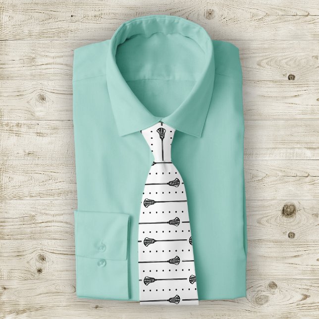 White Lacrosse Black Sticks & Dotted Lines Pattern Tie (Creator Uploaded)